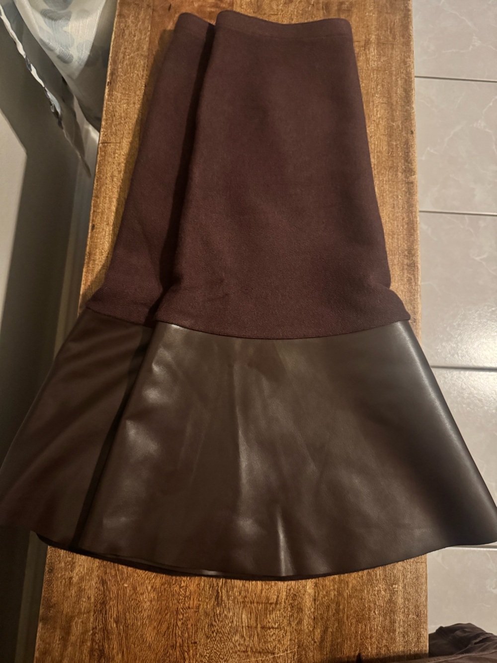 Sioni Brown Two-Tone Leather-Trim Midi Skirt